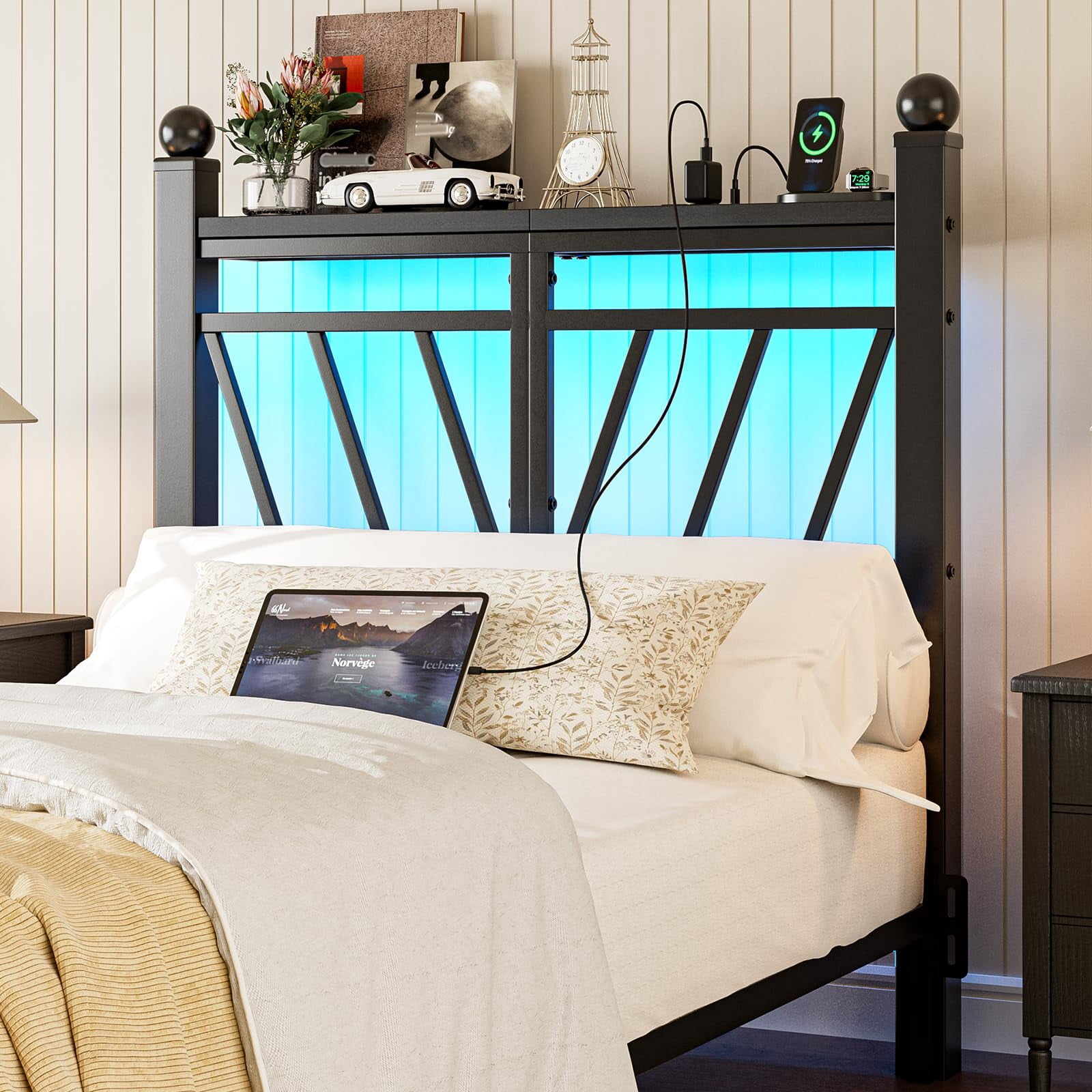 ARICOEASY Metal Twin Size Storage Headboard with LED Lights, Modern Twin XL Head Board with Outlets, USB & Type C Port, Farmhouse Vintage Style, Easy Assembly, Black