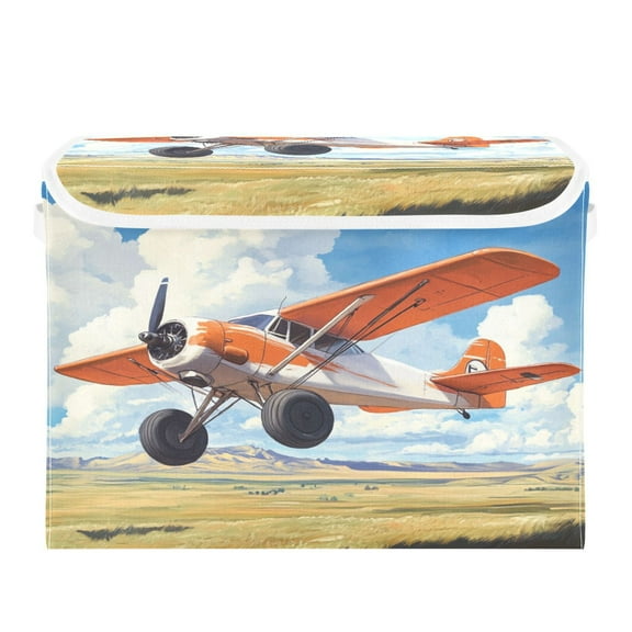 WOBOGO Orange Airplane Large Collapsible Storage Box Flip Lid Fabric Decorative Organizer Container Basket with Handles 16.5×12.6×11.8in