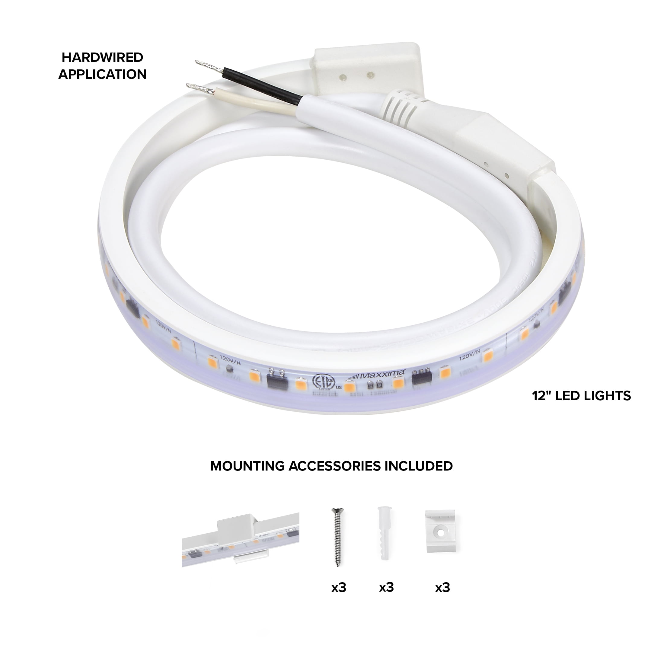 Maxxima 12 in. LED Under Cabinet Strip Light, Hardwired, 460 Lumens, 3000K Warm White, White, 120V Cove Light