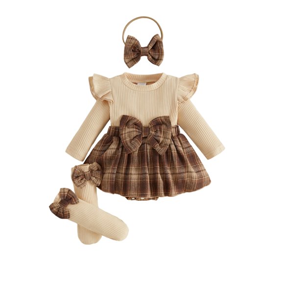 RUINIXCW Newborn Baby Girl Fall Winter Outfit Ribbed Plaid Romper Dress Infant Baby Girl Clothes Ruffles Long Sleeve Bodysuit Jumpsuit Headband Socks Set