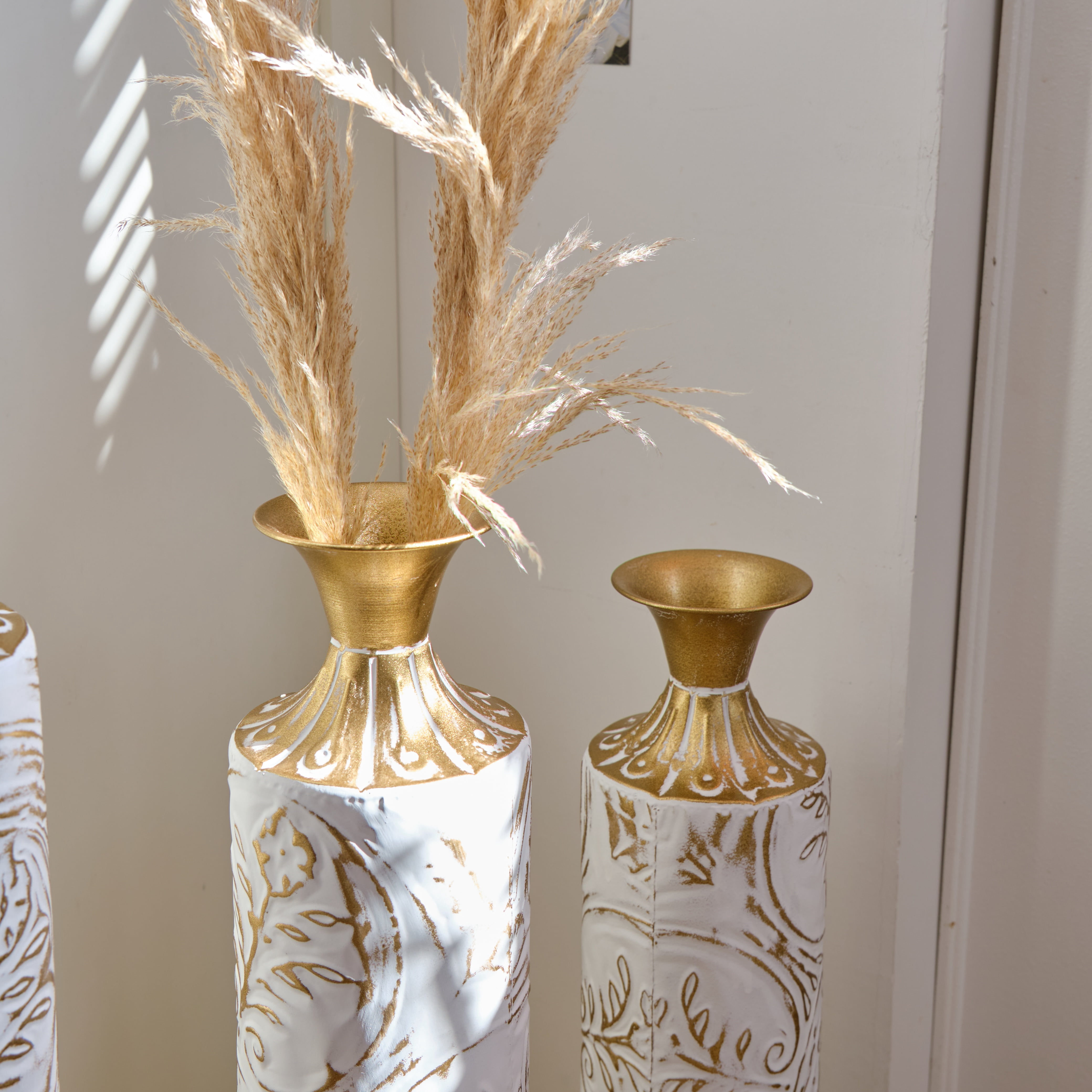 Aukfa Metal Decorative Tall Floor Vase,Set of 3 Large glazed Vases,24"/ 28.7"/33.5" H,White
