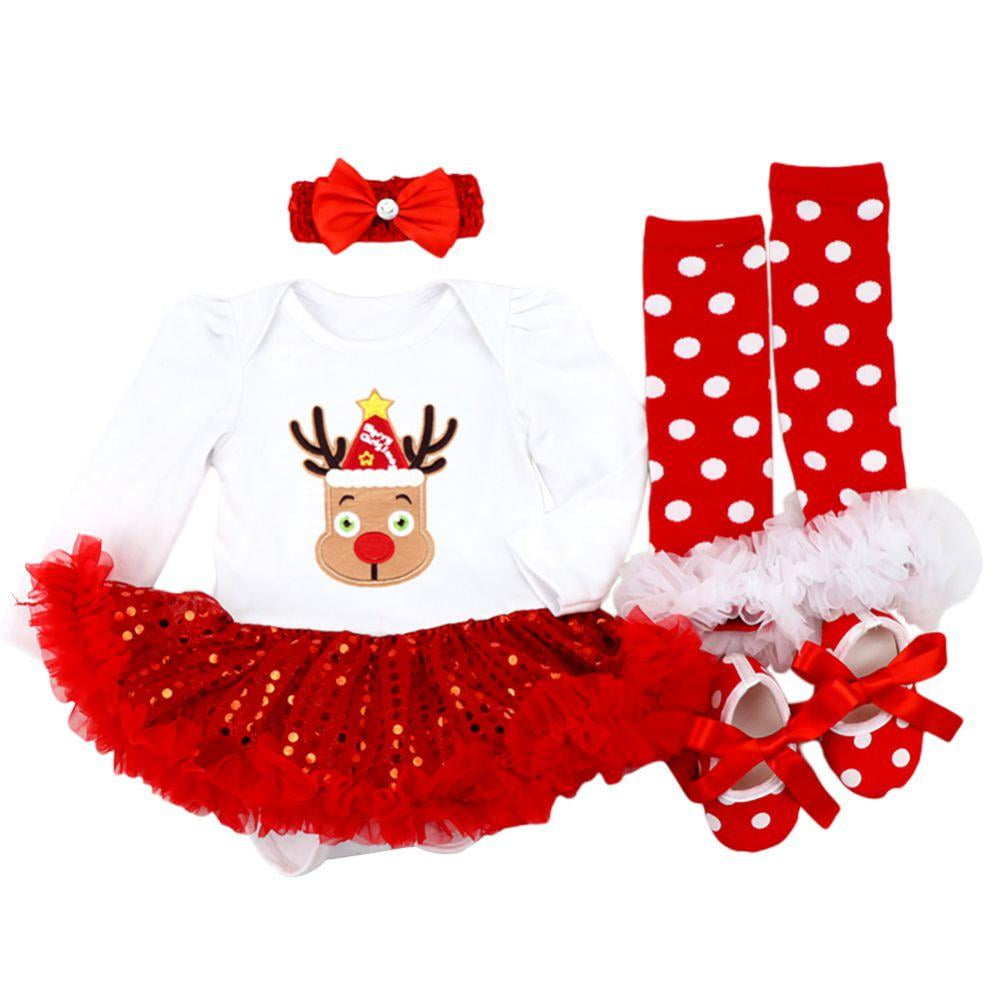 4PCS Newborn Baby Infant Girls Christmas Romper Headband Tutu Dress Outfit 0-12M 