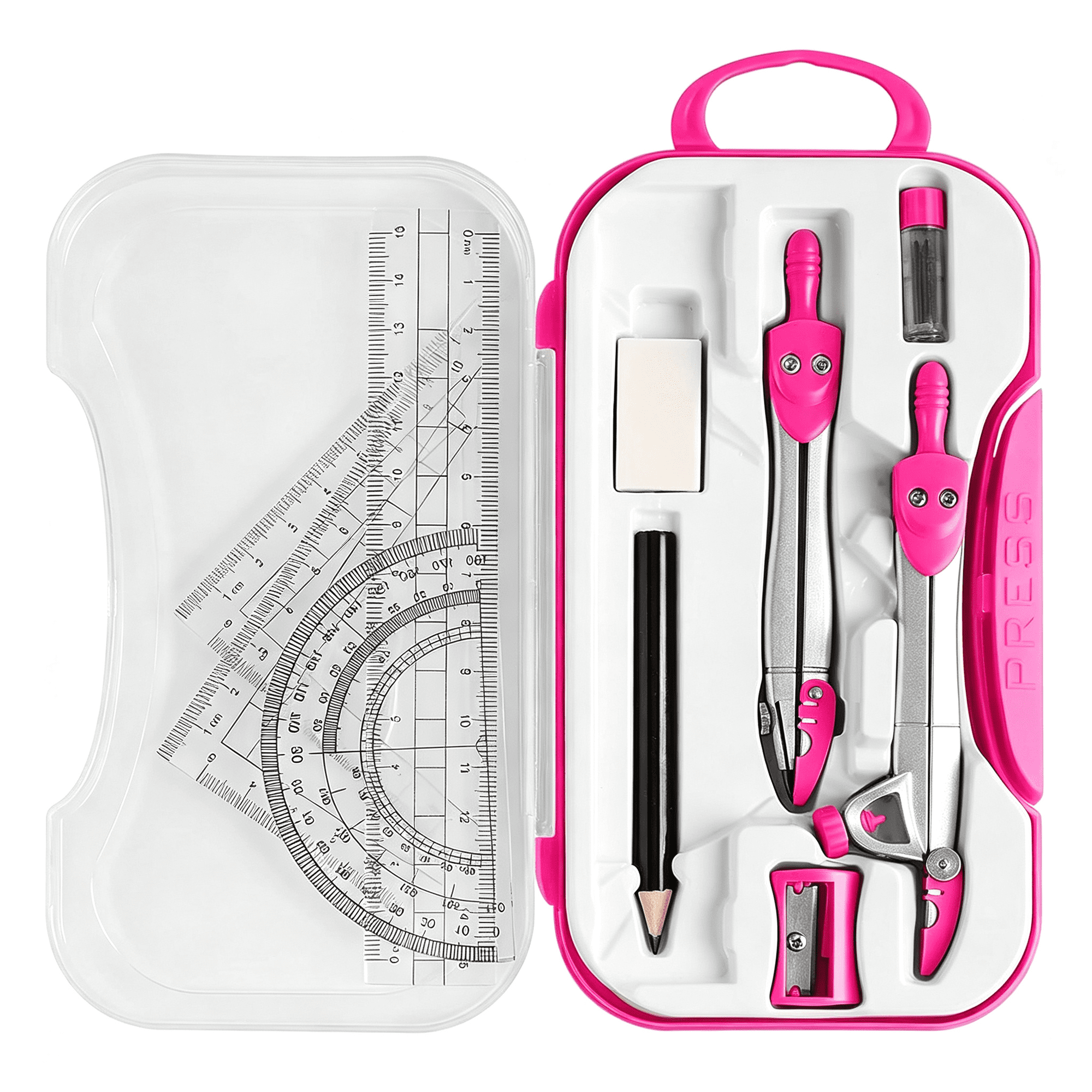 BPPEG Geometry Tool Kit with Compasses Protractor Pencil Eraser Sharpener Set Square Triangle 6” Ruler Lead Refills Storage Box Protractor (Pink)