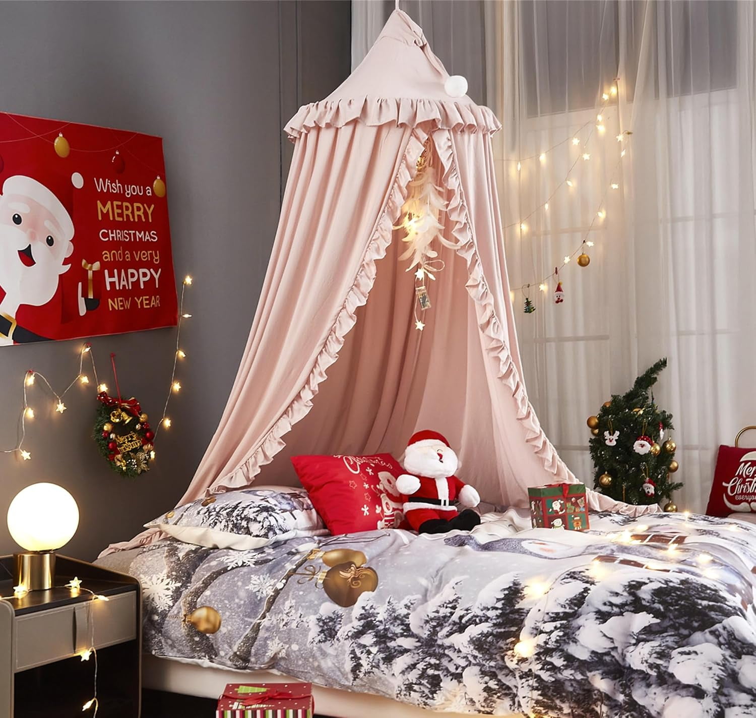 Bed Canopy for Girls,Princess Round Dome Dreamy Mosquito Net Bedding Girls Room Castle Play Tent Hanging House Decor Reading Nook Canopies (Beige Pink)