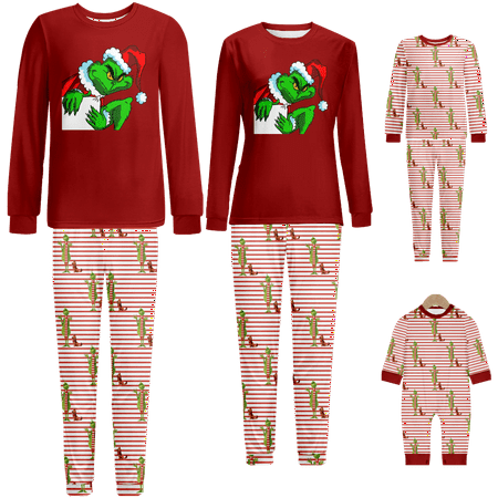 

Family Christmas Pajamas The Grinch Red Stripe Print Sizes Baby-Kids-Adult-Pet 2-Piece Top and Pants Bodysuits Pajamas Set