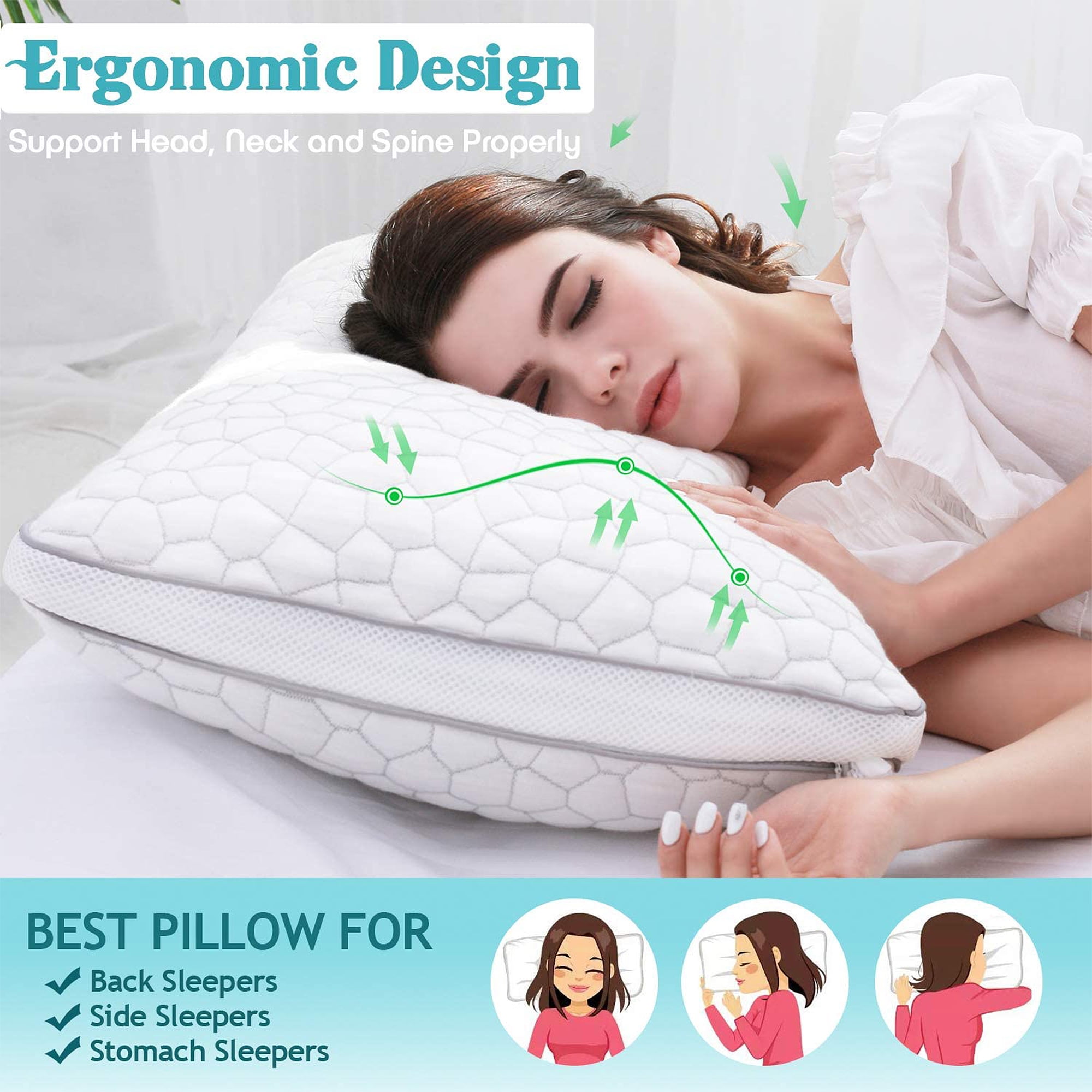 Cooling Pillows for Sleeping 2 Pack Shredded Memory Foam Bamboo Pillow with Adjustable Loft Hypoallergenic Sleeping Pillow Queen Size Set of 2 Bed Pillow for Back and Side Sleeper with Washable Cover