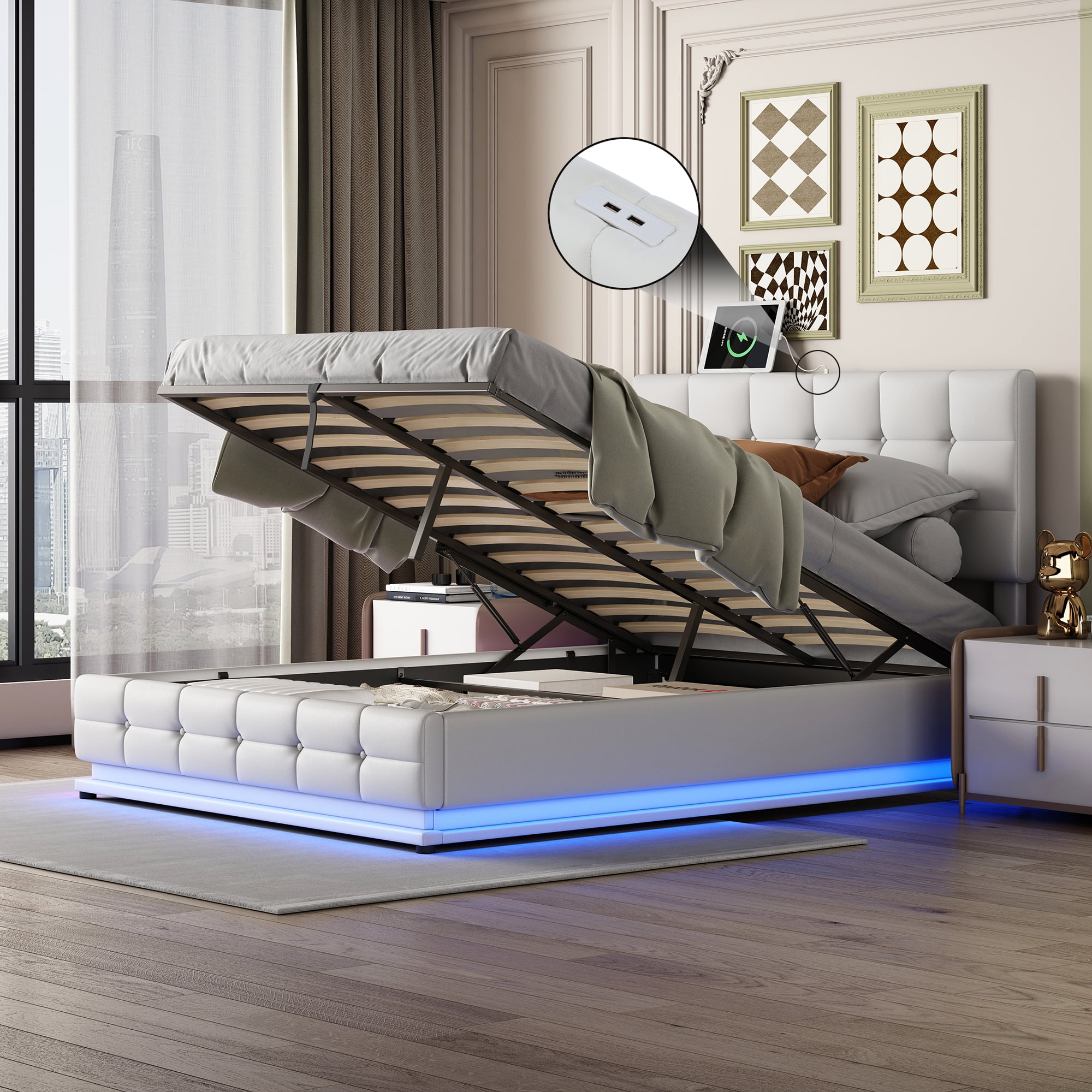 Bellemave LED Queen Size Bed Frame with Lift Up Storage, Upholstered