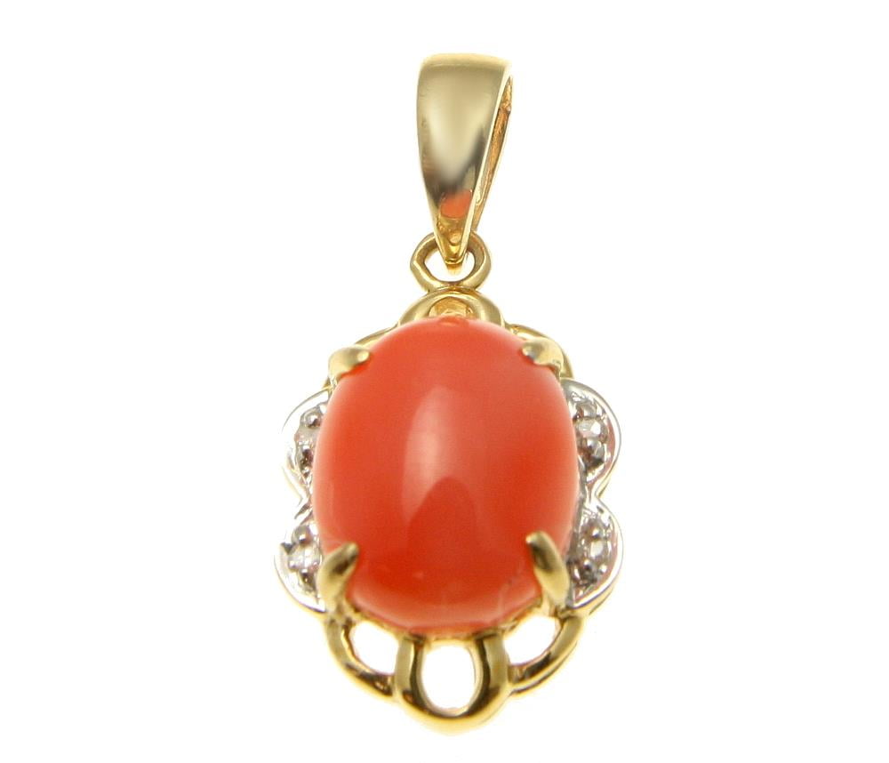 Geniune natural pink coral diamond pendant set in solid 14k yellow gold 10.65mm by