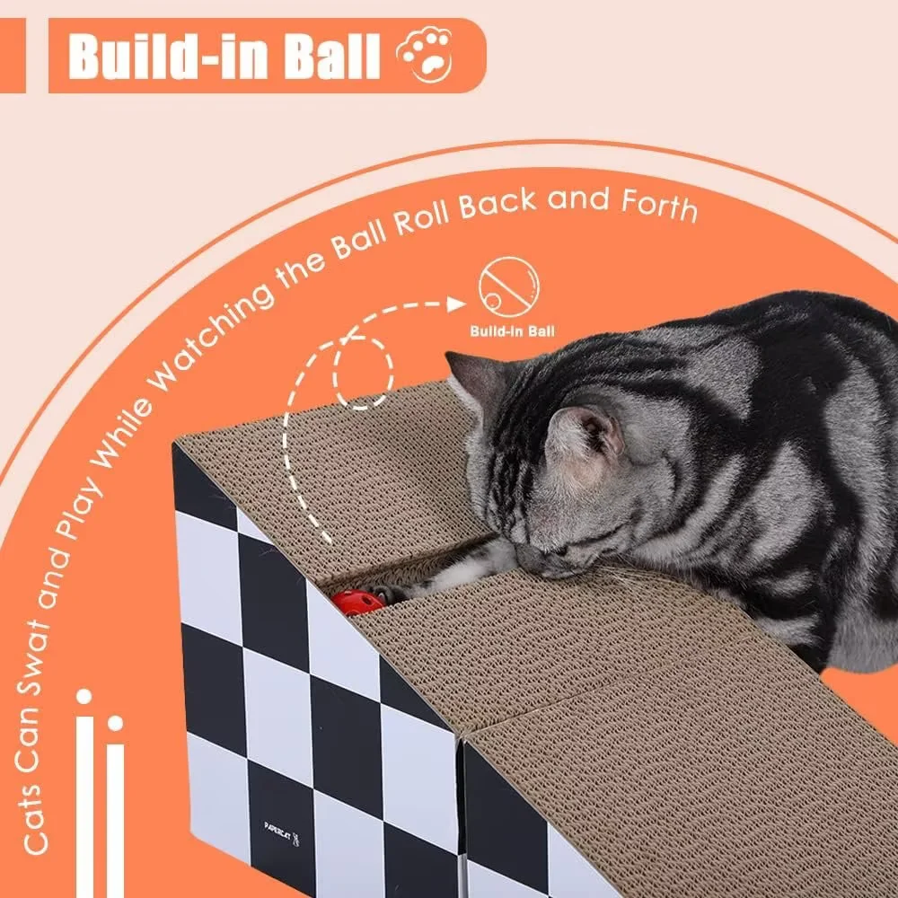 FluffyDream Cat Scratching Board with Ball, Triangle Cat Scratching Cardboard, Multiple Scratching Angles, 2-in-1 Scratching Lounge Bed, Recyclable and Durable, Furniture Protector, Black and White