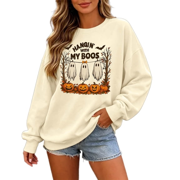 CONZONE Halloween Womens Sweatshirts Graphic Oversized Sweatshirt for Women Spooky Season Fall Winter Pullover Tops