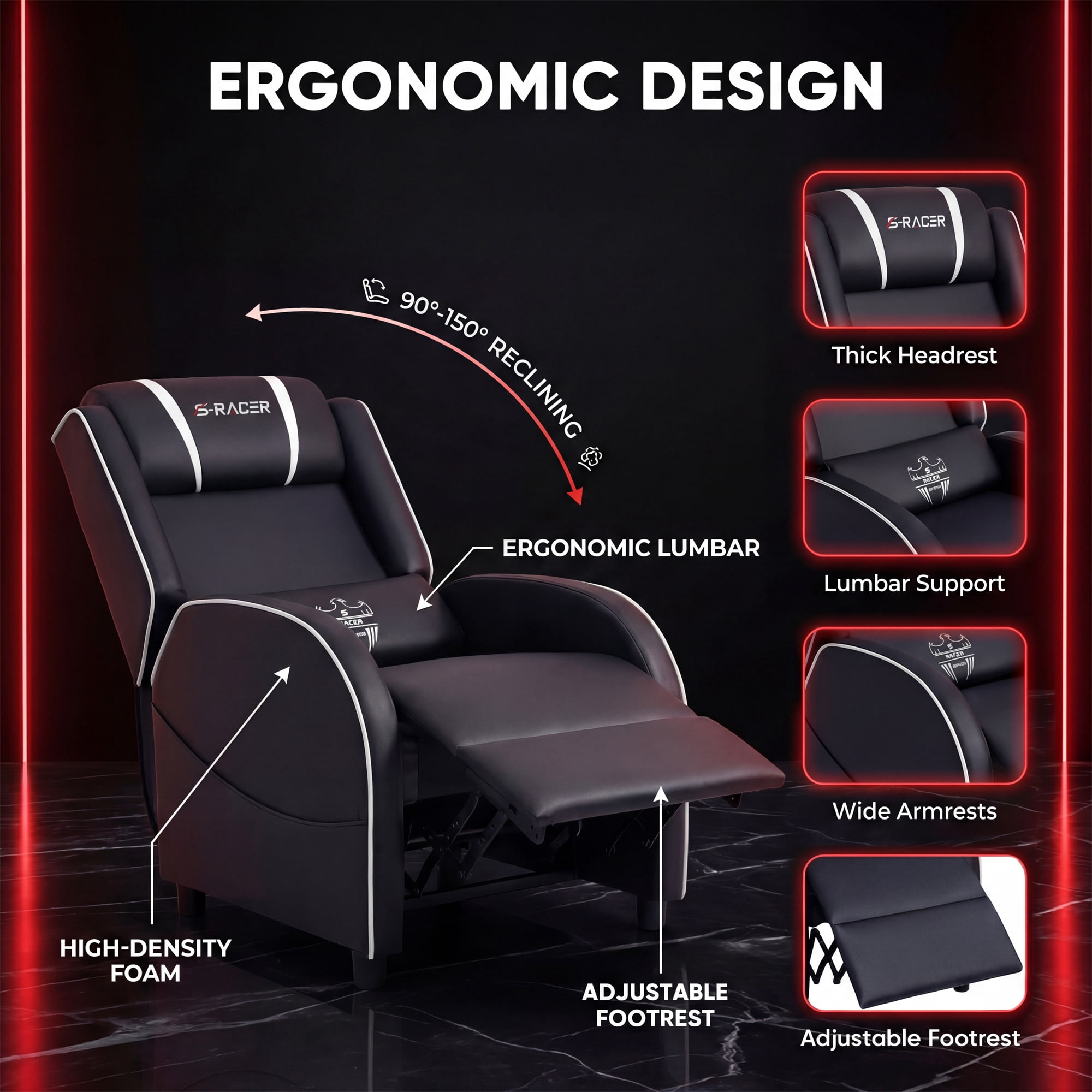 Homall Massage Gaming Recliner Chair Video Game Chair Racing Sofa Chair PU Leather Living Room Sofa Single Home Theater Seating, White