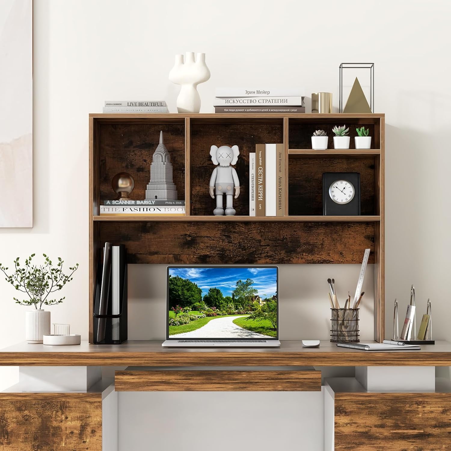 CRXX Desktop Bookshelf, Countertop Storage Hutch with 4 Shelves for Computer Desk, Dressing Tabletop Display Rack, Multipurpose Desk Hutch Storage Organizer for Home Office Dorm (Rustic Brown)