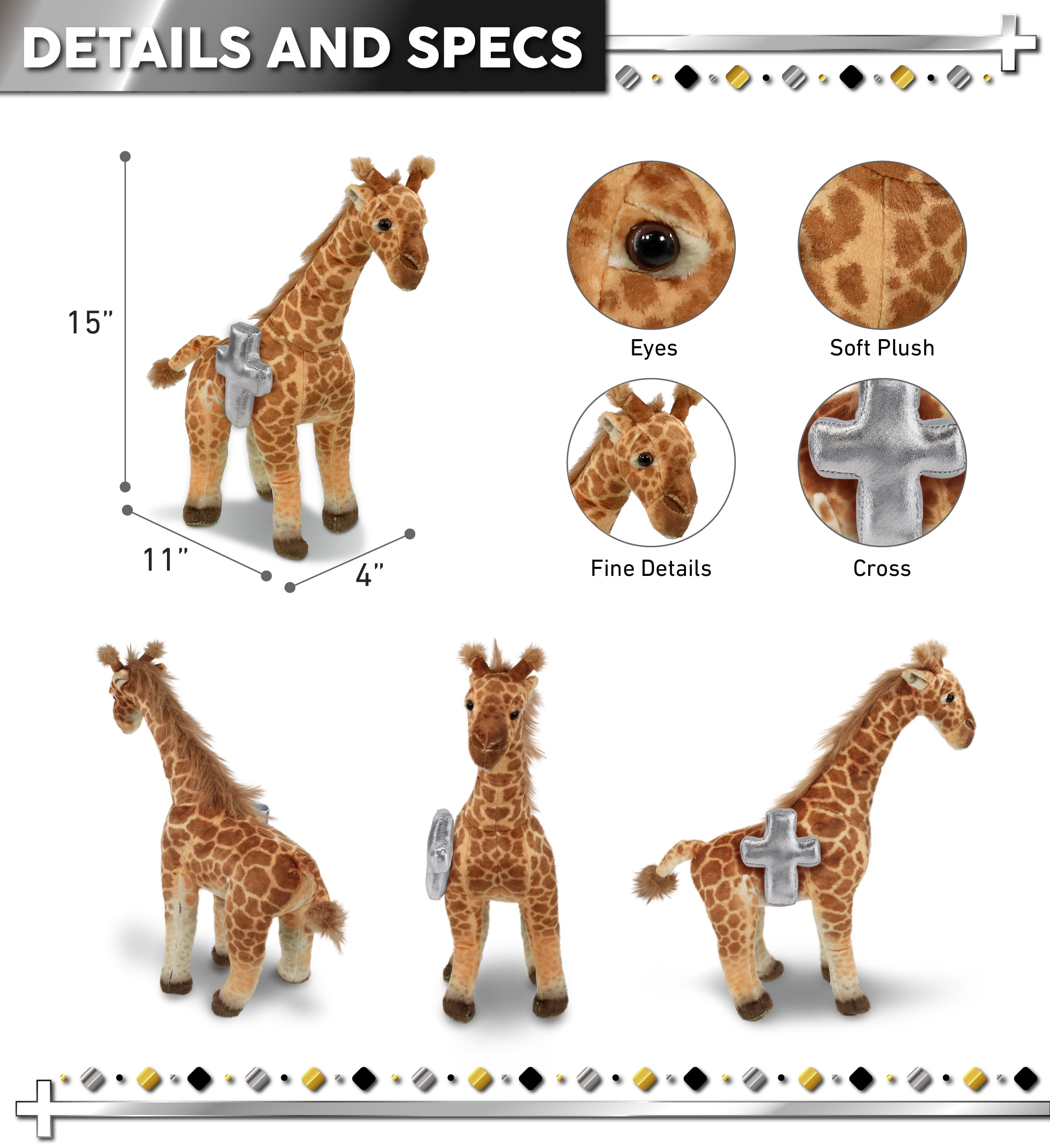 DolliBu Wild Collection Giraffe Stuffed Animal with Silver Cross Plush - Baptism Gifts for Boys and Girls, Dedication Christening Gifts Plush Prayer Toy Healing Stuffed Animal - 15 Inches