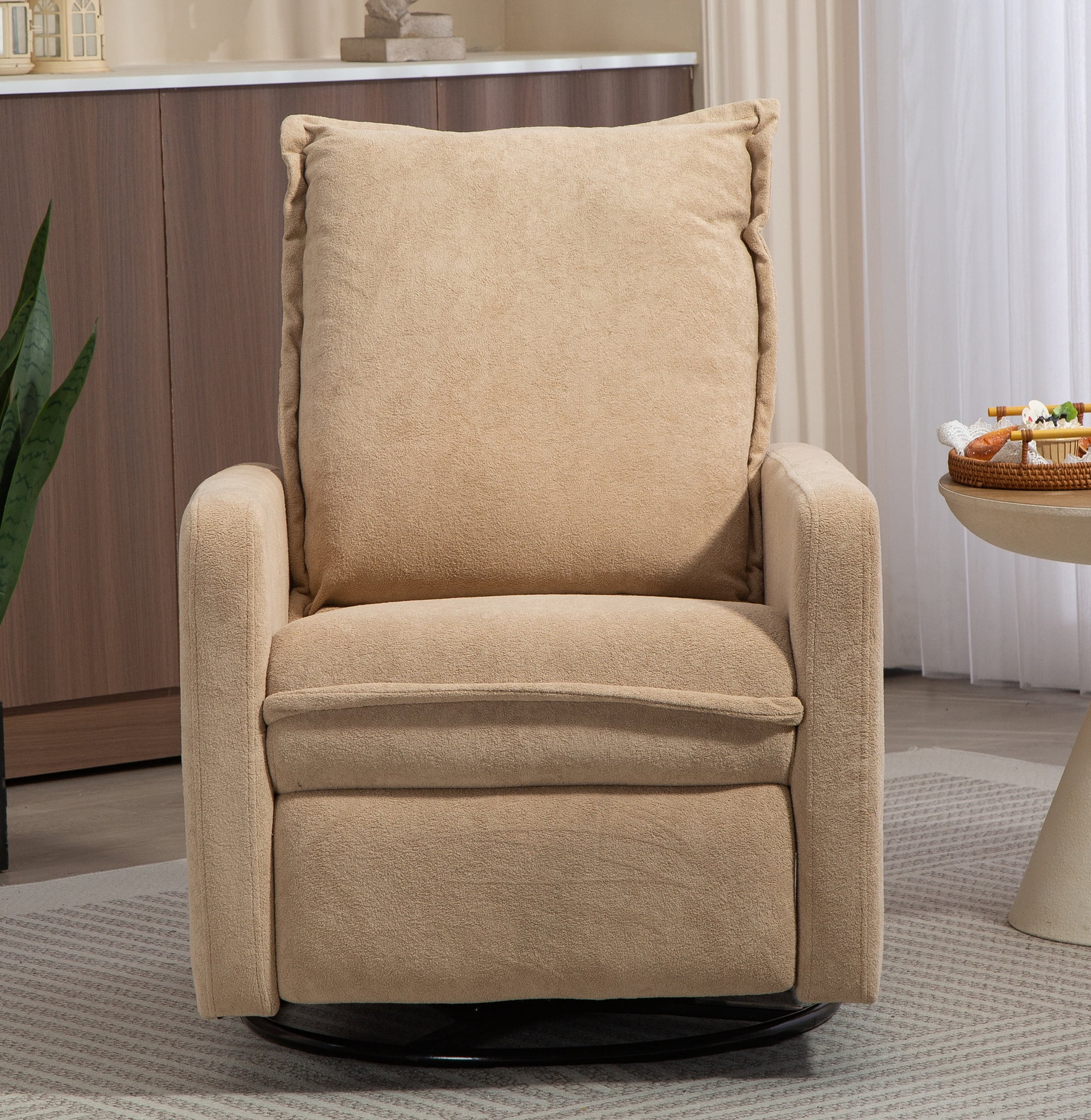 Leumius Swivel Rocking Chair,Manual Upholstered Glider Recliner Rocking Chair for Nursery and Living Room,Camel