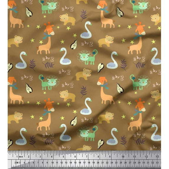 Soimoi Brown Cotton Duck Fabric Leaves,Star & Cute Animals Kids Print Fabric by Yard 42 Inch Wide