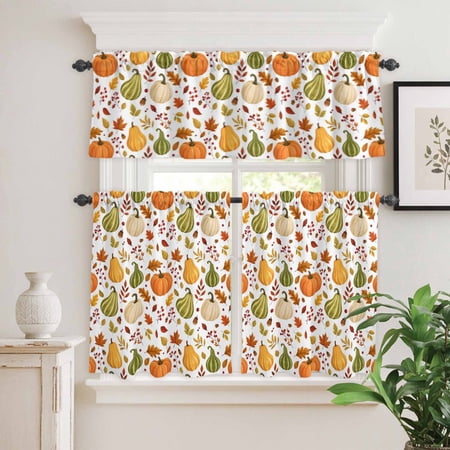 Autumn Thanksgiving Pumpkin Seamless Curtain Tier and Valance Set 3 Piece Watercolor Maple Leaves 3-inch Rod Pocket Window Tier Curtains Valance for Kitchen Living Room