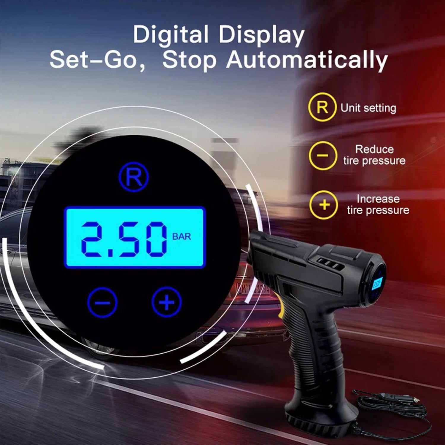 Tire Inflator Portable Air Compressor - Air Pump for Car Tires with Tire Pressure Gauge - One Click Smart Pump Tire Inflator for Car, Motorcycle, Bicycle and More