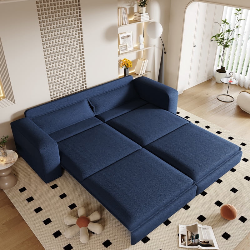 93" King Size Sleeper Sofa Bed, 3-in-1 Convertible Pull Out Couch, Chaise Lounge, Sherpa Fleece 3-Seater Upholstered Sofa with 2 Lumbar Pillows for Living Room, Apartment, and Office