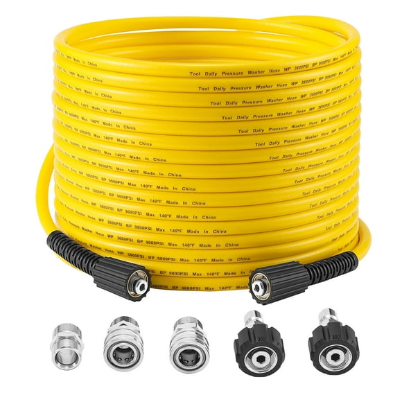 Tool Daily Tuyau de Nettoyeur Haute Pression 50 Pieds X 1/4 Pouces, Tuyau d'Extension de Remplacement pour Nettoyeur Haute Pression avec Raccord M22 14mm, Résistant aux Plis, Kit de Connexion Rapide 3/8 Pouces pour Gaz & El