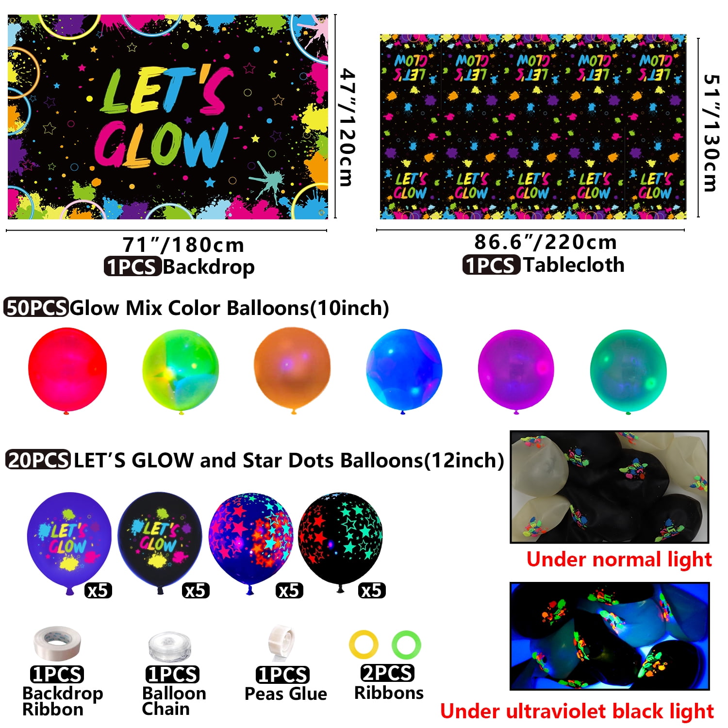 44 Pieces Glow Neon Party Supplies - Neon Balloons, Glow in the Dark LET'S GLOW Backdrop Banner, Garlands, Tablecloth, Plates, Napkins, and Cup for Blacklight Party Decorations, Serve 20 Guests
