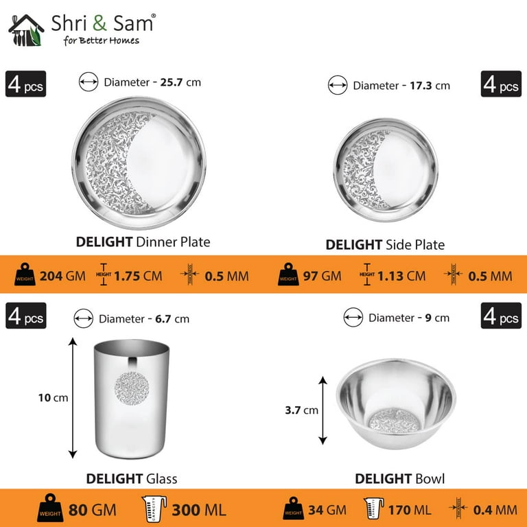 stainless steel dinner set of 42 pieces silver 4 dinner plates 4 side plates 4 glasses 4 bowls 4 chutney bowls 4 pudding bowls 1 basting