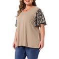 thumbnail image 4 of Agnes Orinda Women's Plus Size Floral Top Summer V Neck Flutter Short Sleeve Casual Blouses Tee 2025 3X khaki, 4 of 6