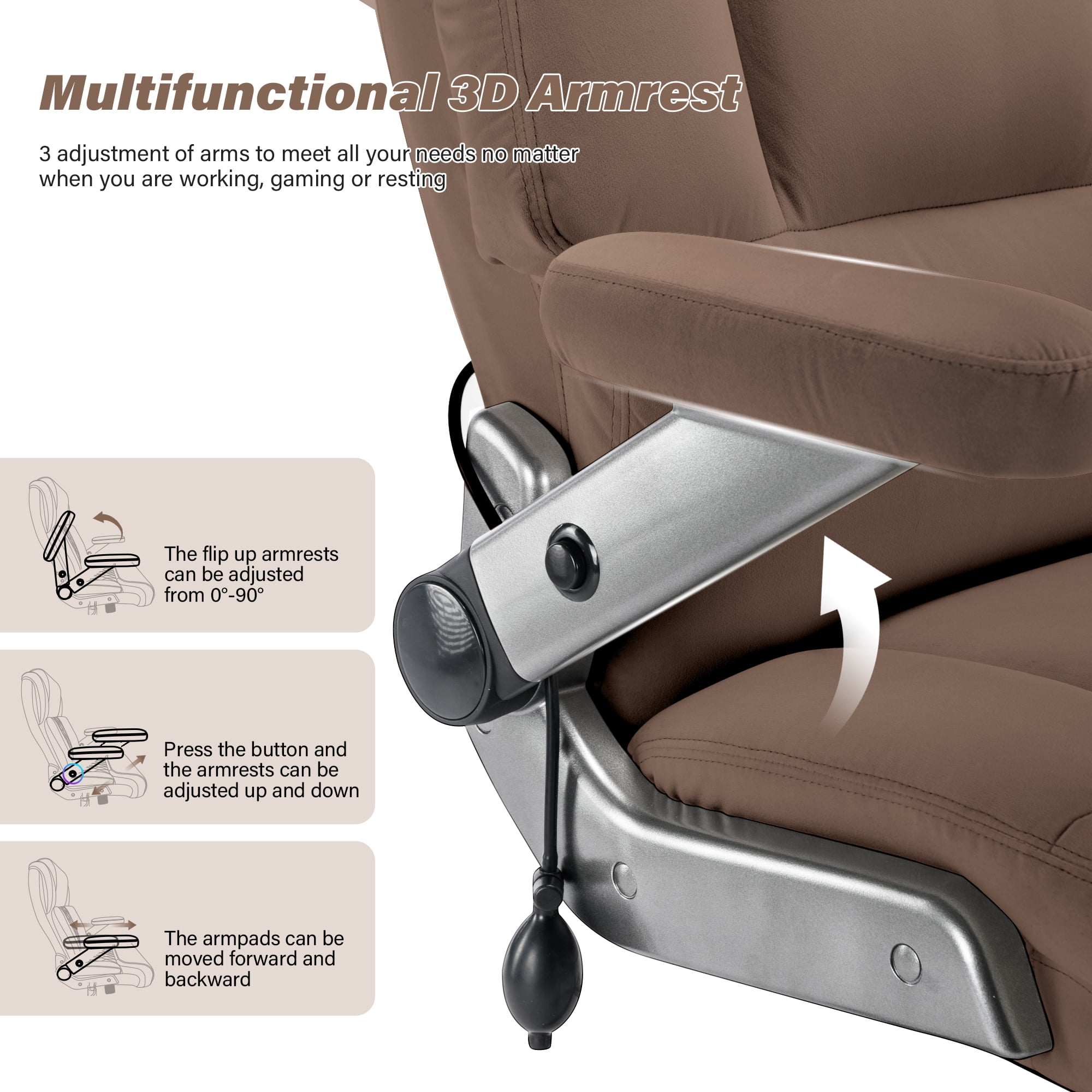 Big and Tall 700lbs Office Chair, Ultra-Soft Fabric Executive Desk Chair, Ergonomic Computer Chair with 3D Flip Up Arms, Adjustable Lumbar Support, Heavy Duty Metal Base and Quiet Rubber Wheel, Brown