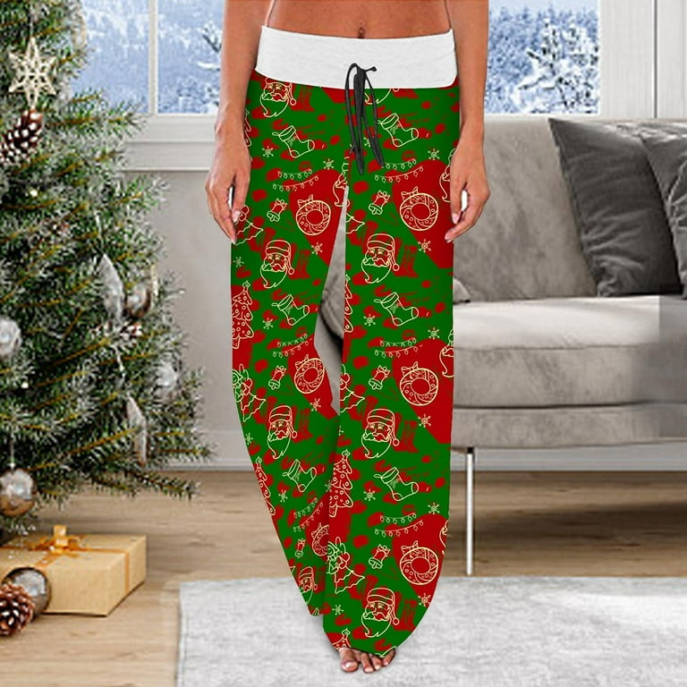 Efsteb Lounge Pants Women Christmas Pants Winter Plus Size Elastic Waist Wide Leg Sweatpants Xmas Elk Snowflake Loose Drawstring Pants Green M