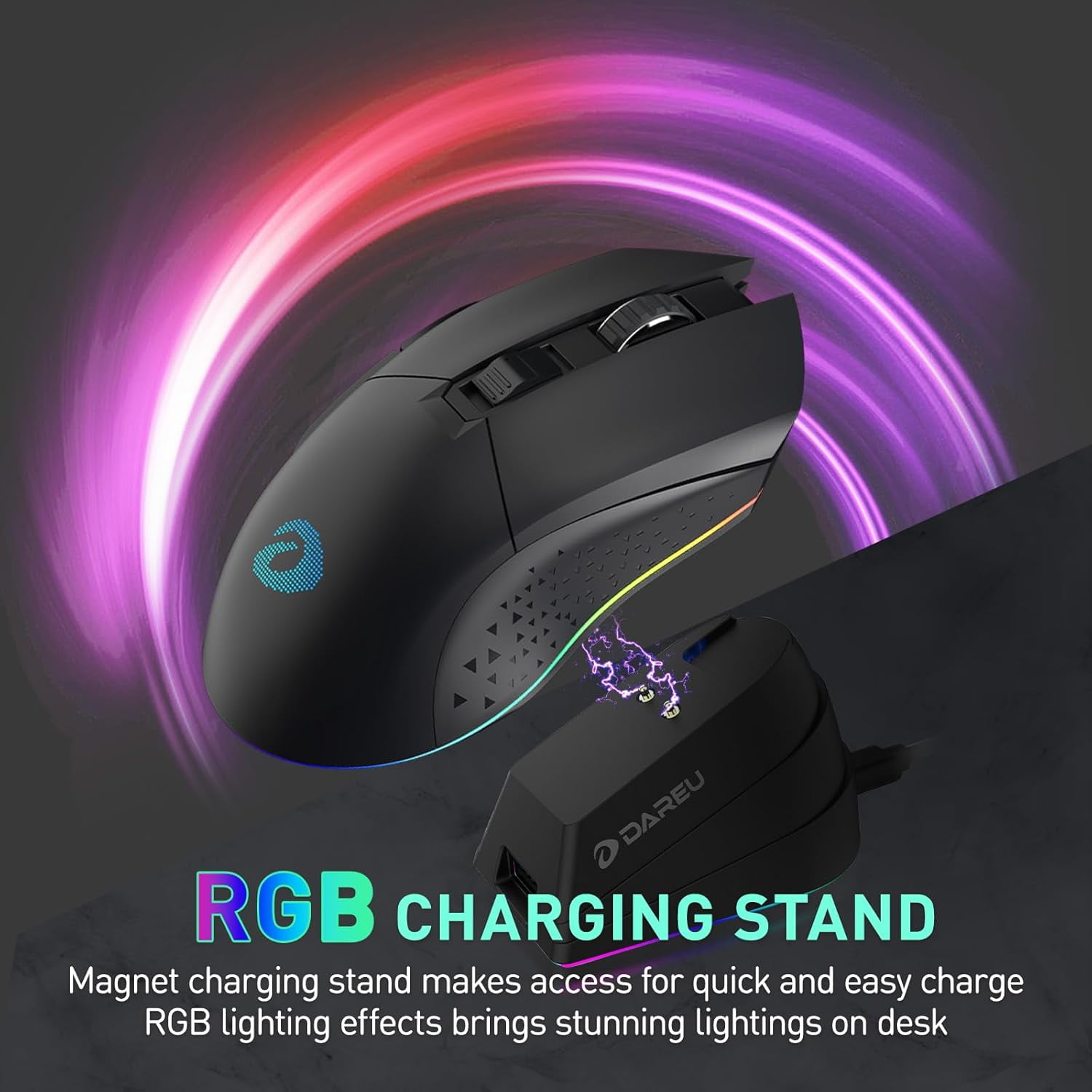 DAREU Dream Purple Wireless Gaming Mouse with Charging Dock Rechargeable RGB,12K DPI,7 Programmable Buttons High-Precision Sensor [300IPS] [1000Hz] for PC Notebook Mac