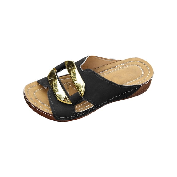 WRKEKC Sandals for Women Solid Hollow Out Metal Buckle Peep Toe Open Toe Thick Sole Wedge Heel Slip On Shoes
