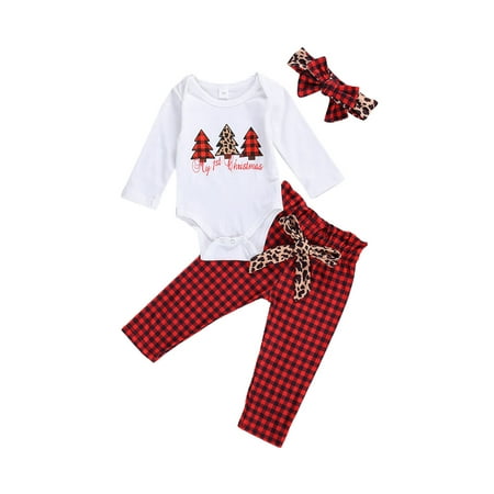 

Tretra Newborn Baby Girl Christmas Outfits My First Christmas Pajamas Long Sleeve Romper+Leopard Plaid Pants+Headband 3PCS
