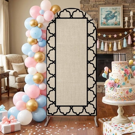 Art Frame Arch Backdrop Covers 4 FT Geometric Black Morocco Printed Border Rustic Linen Texture Stretchy Fitted Arched Stand Covers Party Arch Stand Cover Photo Booth for Wedding Birthday Decor