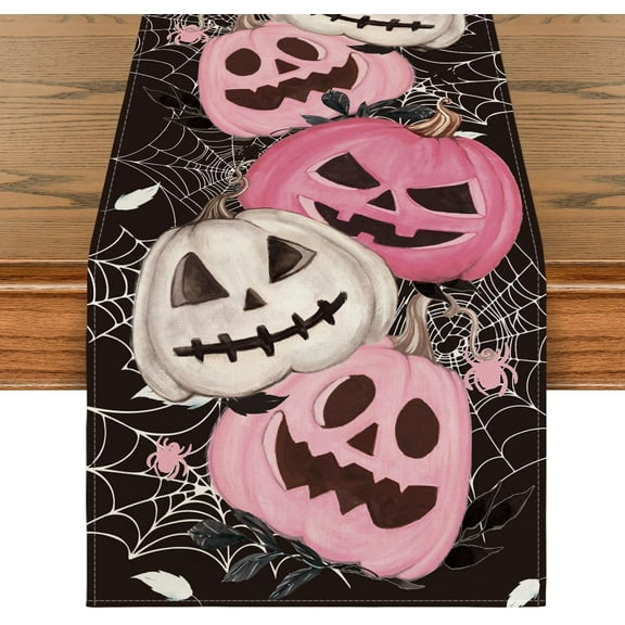 Pink Pumpkins Spider Web Halloween Table Runner, Seasonal Fall Black Kitchen Dining Table Decoration for Home Party Decor 13x72 Inch