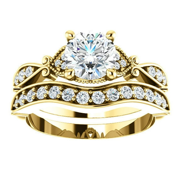 Pompeii 1 1/2ct Diamond Vintage Engagement Matching Wedding Ring Set 14k Gold Yellow