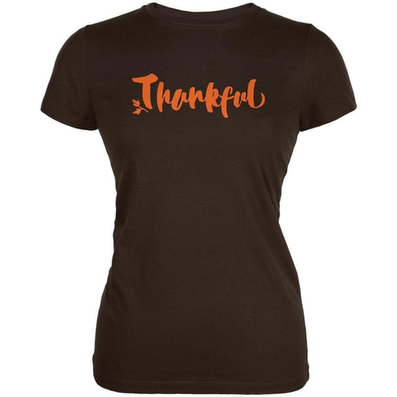 Thanksgiving Autumn Thankful Script Juniors Soft T Shirt Brown SM