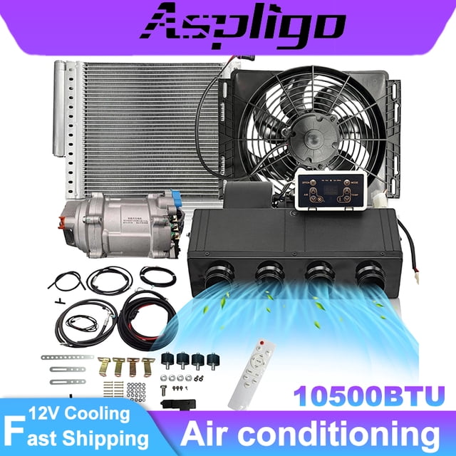 aspligo 12v bajo dash ac kit, 10000btu aire acondicionado eléctrico con control remoto: unidad interior blanca y negra, vista frontal con cuatro salidas de aire diseñada para montaje bajo el tablero; control remoto blanco delante, ventilador de condensador circular y condensador de aluminio a la izquierda, compresor plateado, cableado y herrajes de instalación visibles; alimentado por batería, compatible con camión, caravana, RV o SUV y a menudo usado en furgones de hobby o food trucks.