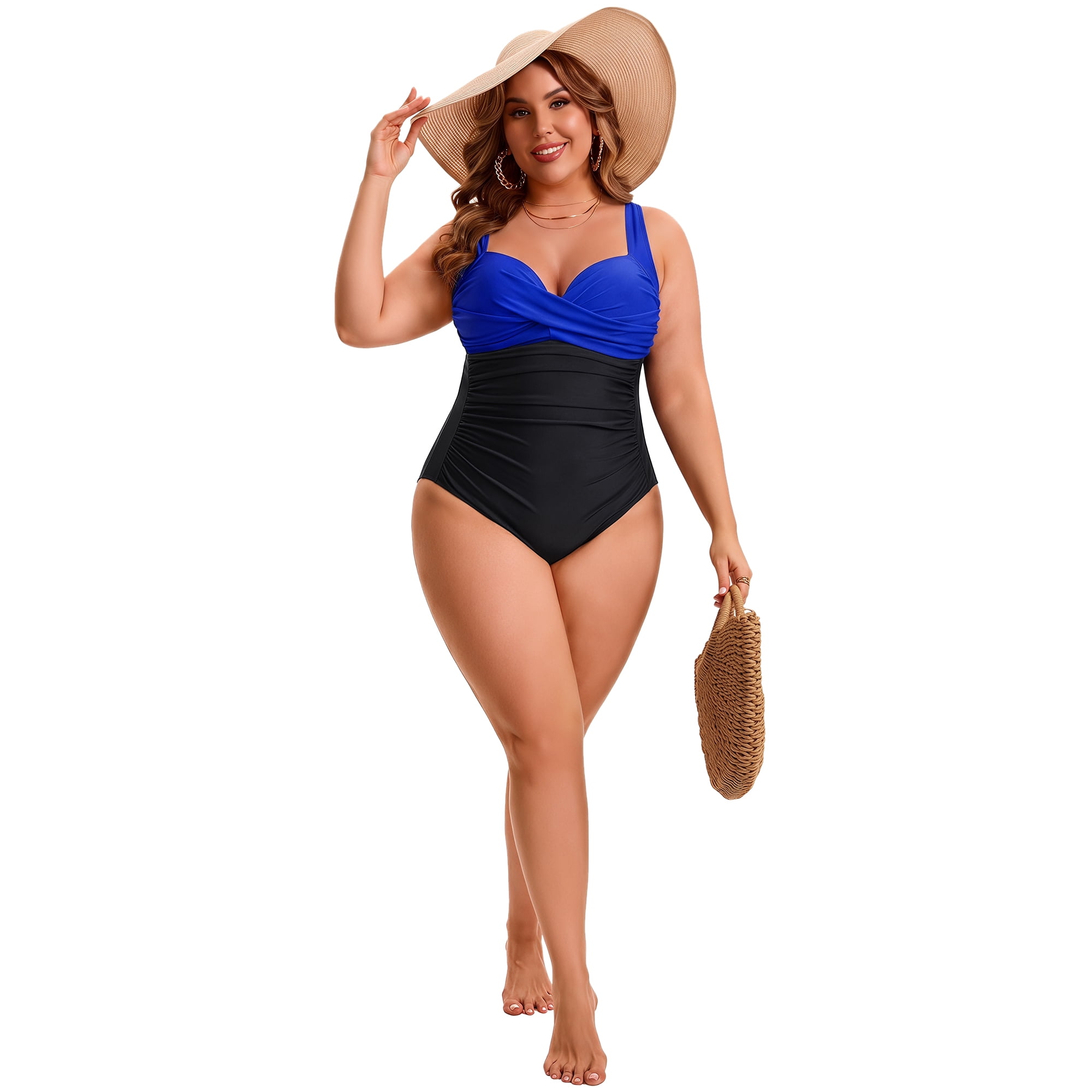 DARING DIVA Women's Plus 1 Piece Crisscross V-neck Swimsuit L Black Blue