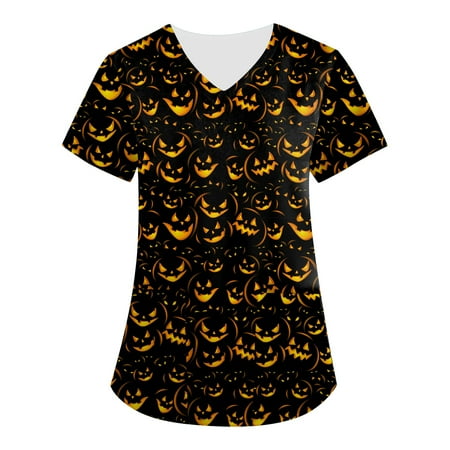 

PURJKPU Women Scrub Top Cute Halloween Pumpkin Print Nurse Uniforms Tops Holiday Medical Short Sleeve Shirt V Neck Nurse Workwear with Pockets Black 3XL