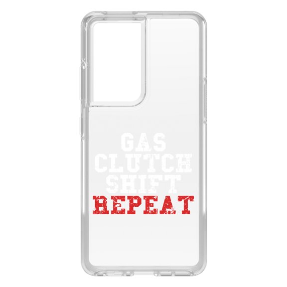 DistinctInk Clear Shockproof Hybrid Case for Galaxy S21 ULTRA 5G (6.8" Screen) - TPU Bumper Acrylic Back Tempered Glass Screen Protector - Gas Clutch Shift Repeat