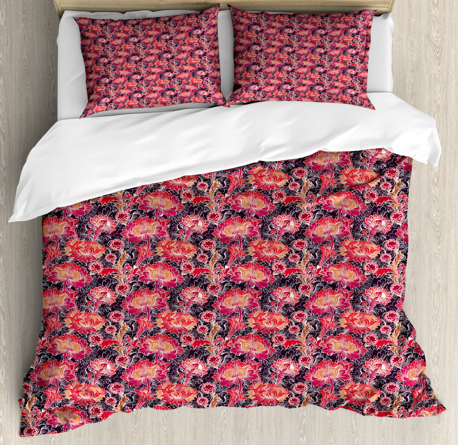 Eastern King Size Duvet Cover Set, Asian Oriental Floral Tile