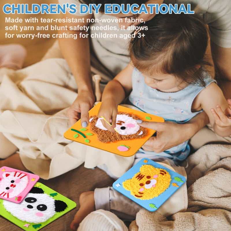 DIY Embroidery Doll Set, 4pcs Cute Cartoon Animal Sewing Craft Kit Sewing Projects Yarn Board (Panda + Cat + Tiger + Monkey)