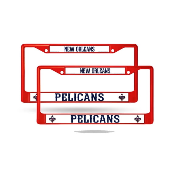 New Orleans Basketball Pelicans Red Painted Chrome Metal (2) License Plate Frame Set