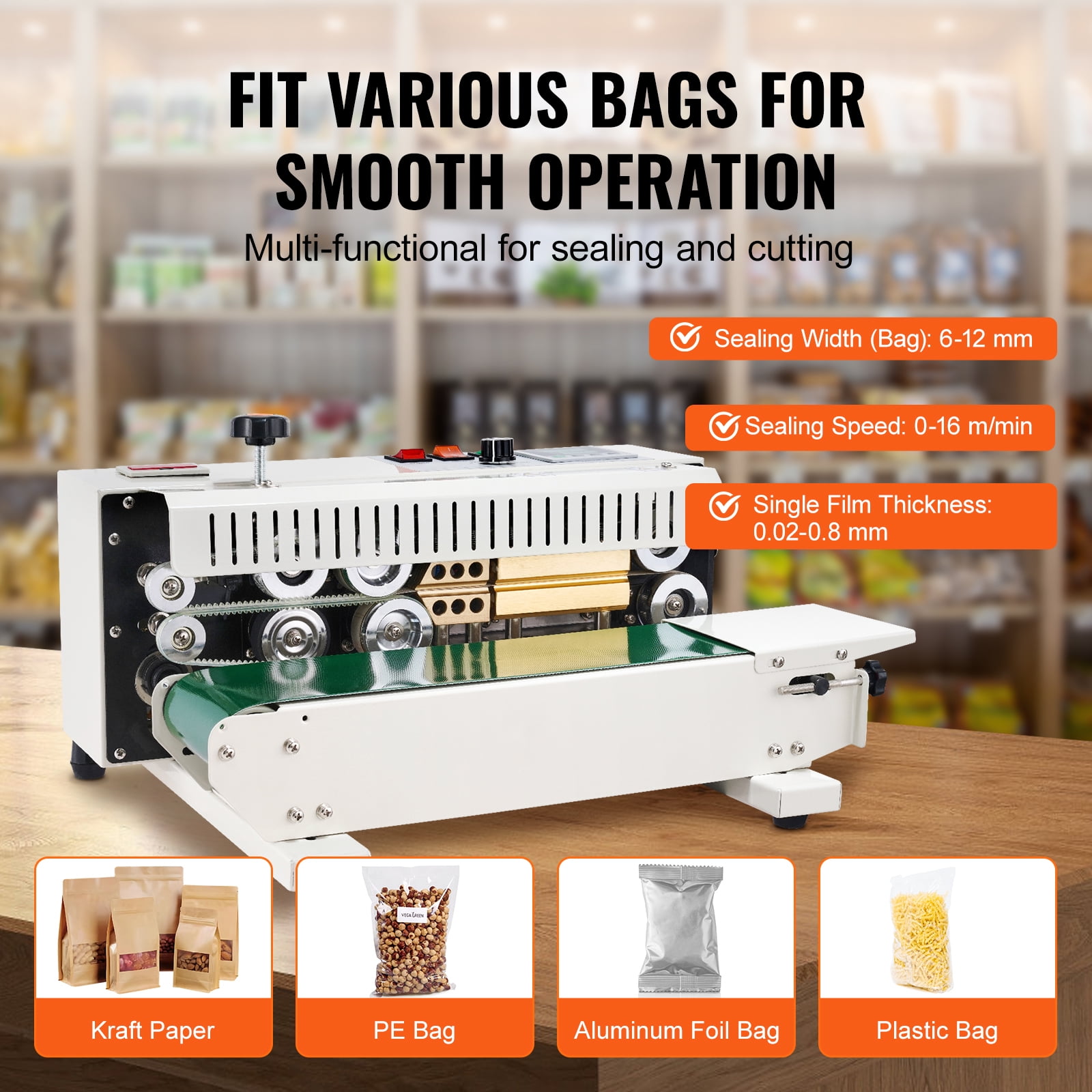 KFFKFF Bag Sealer, Horizontal Continuous Band with Adjustable 6-12mm Seal Width, Digital Temp Control, Suitable for 0.02-0.8mm Plastic Bags, Includes Count Feature