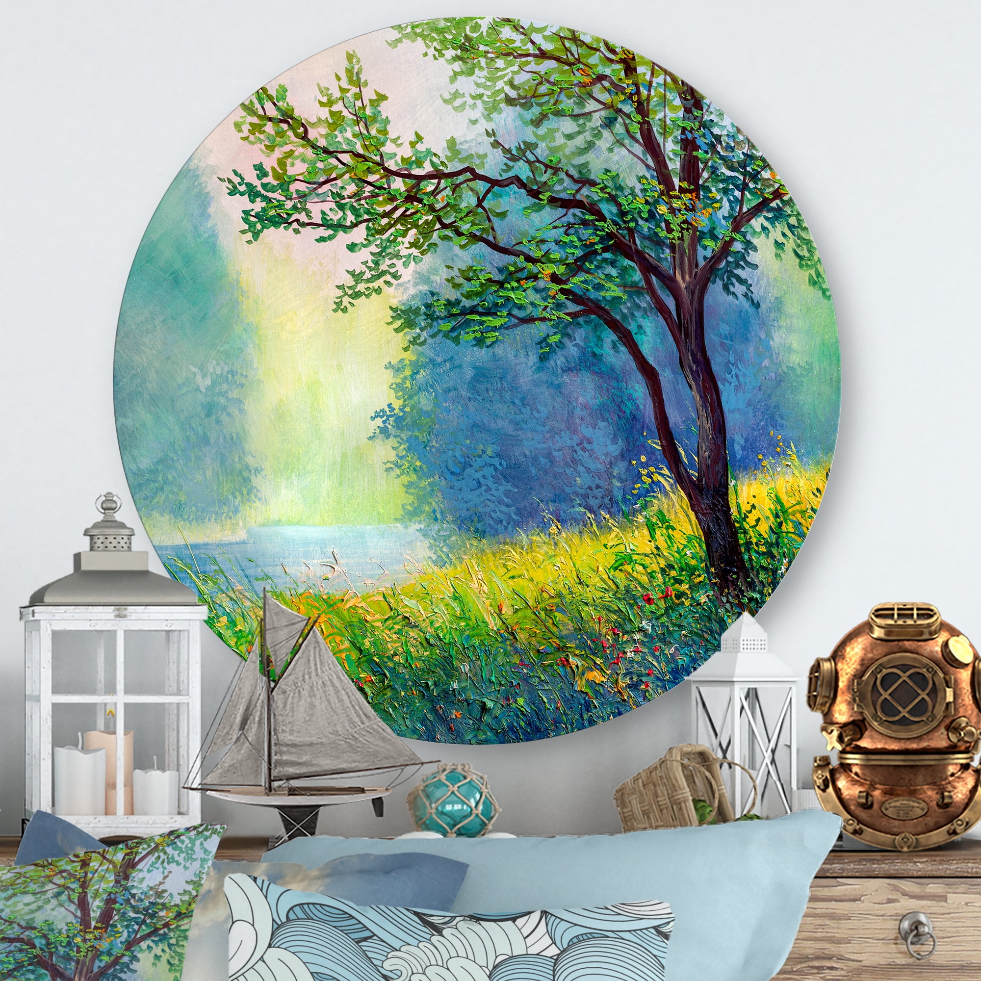 Designart 'Summer Forest With Waterfall and River ' Traditional Circle Metal Wall Art 11x11 - Disc of 11