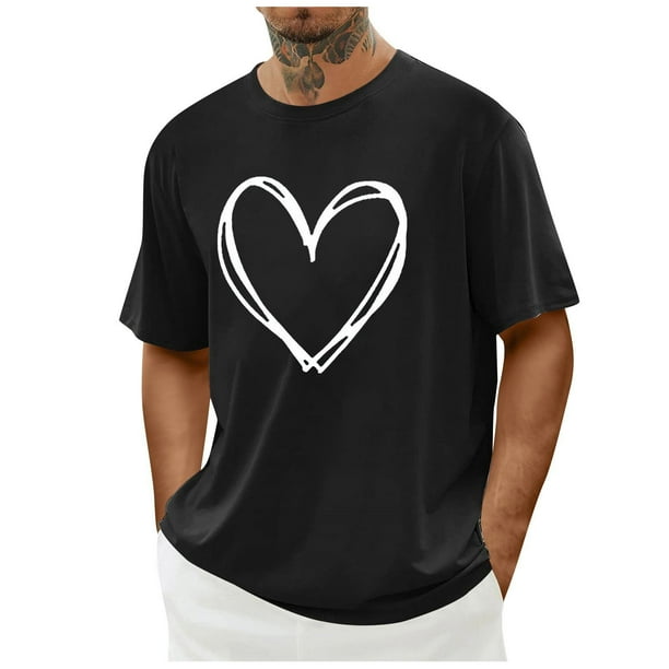 Tops para hombre, blusas y camisas de cuello redondo y manga corta para hombre. Camiseta/camisa informal de cuello redondo y manga corta con estampado de corazones para hombre. Tops de poliéster para