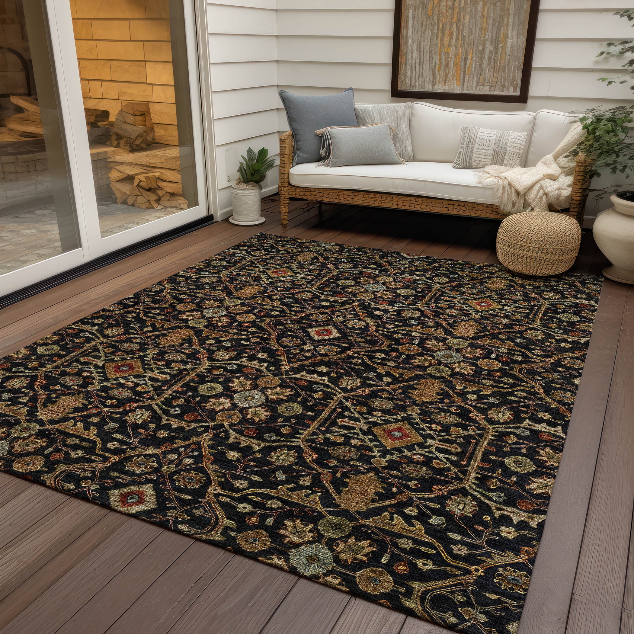 Addison Rugs Chantille Indoor/Outdoor Transitional Geometric, Abstract Black Washable Rectangle Rug, 10' x 14'