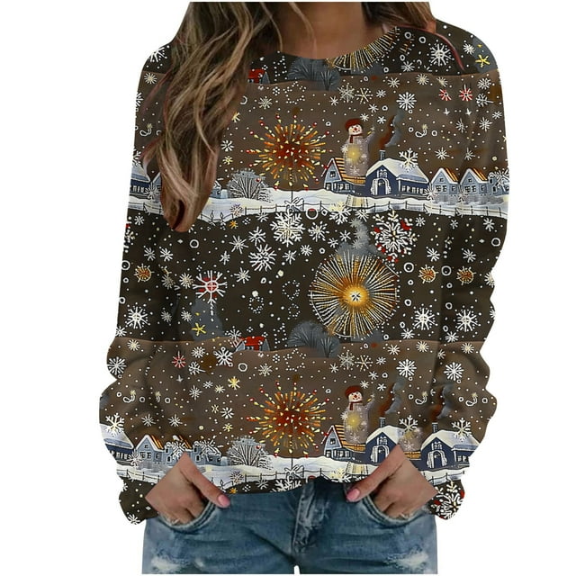 lcziwo Chandails en Molleton Grande Taille pour Femmes Hiver Manches Longues Chandail Flocon de Neige Graphique Col Rond Chandail en Molleton Surdimensionné 2024 Soldes Aujourd'hui Liquidation Marron,TTTG