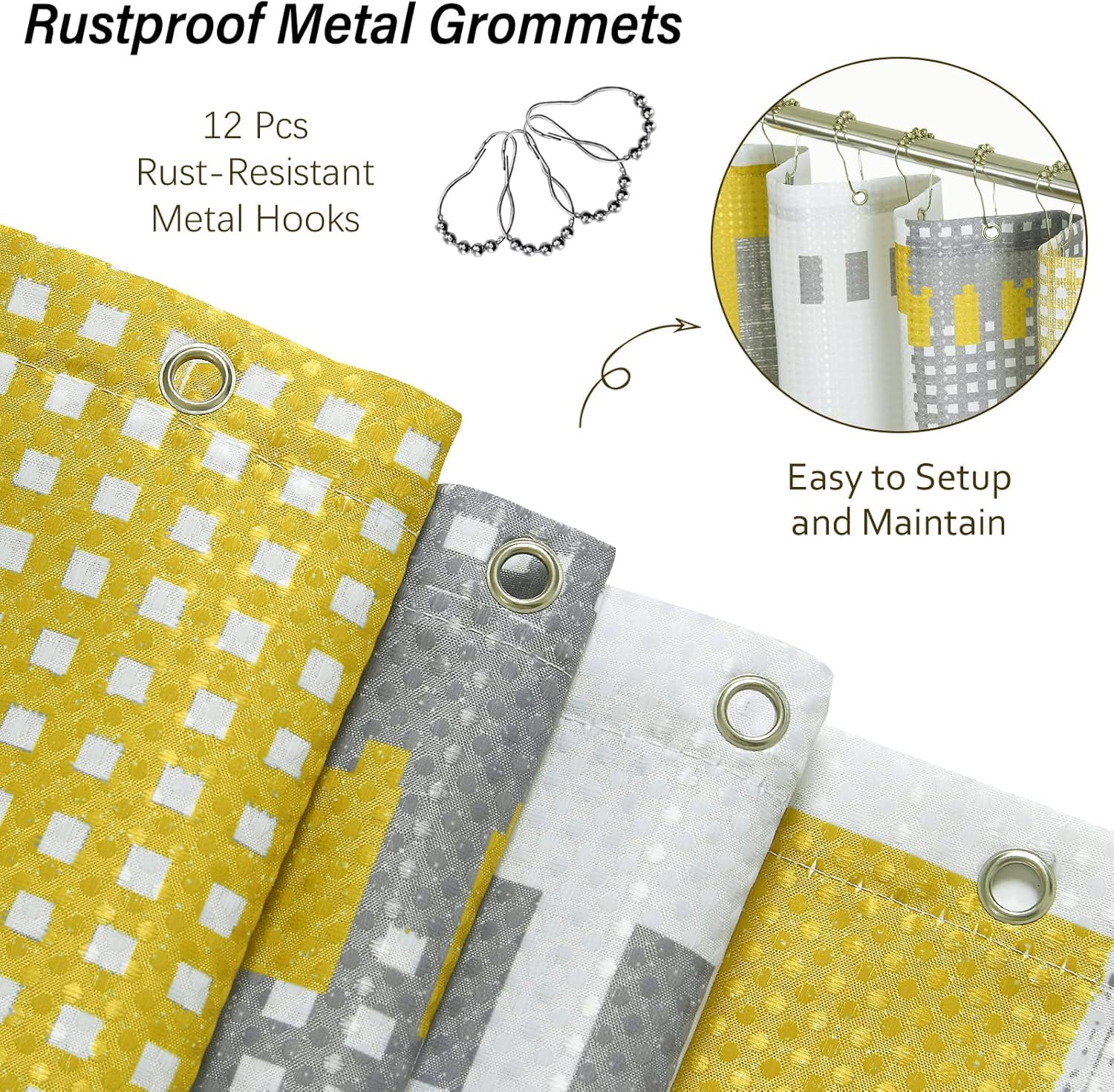 Gold Shower Curtain Set with 12 Hooks - Geometric Shower Curtains for Bathroom Decor Black and Grey Shower Curtain Simple Hotel SPA Bath Curtain - Waterproof Waffle Fabric Machine Washable, 72x72