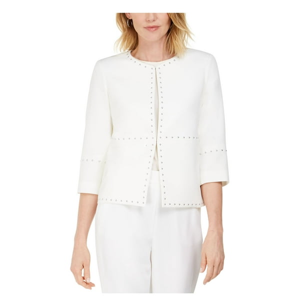 Kasper KASPER Womens White Embellished Eyelet Blazer Jacket Size M