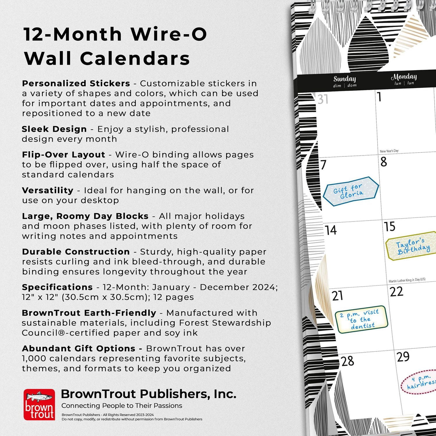BrownTrout Ebony and Ivory 2024 12x12 Inch Wire-O Wall Calendar, 9781975470586
